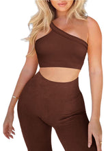 Load image into Gallery viewer, Workout Sets for Women, Cut Seamless Crop Tank Leggings Matching Sets 2 Pieces Outfits, Sexy One Shoulder Two Piece Workout Outfits(Coffee)
