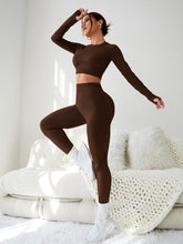 Load image into Gallery viewer, LIGHT DOT Women's Workout Outfits 2 Pieces Yoga Suits Long Sleeve Crop Top High Waist Sport Leggings Active Gym Set (Brown)

