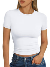 Load image into Gallery viewer, AUTOMET Womens Short Sleeve T Shirts Basic Summer 2025 Workout Tops Crew Neck Gym Crop Tops Trendy Y2K Clothes White
