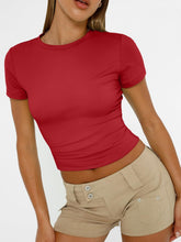Load image into Gallery viewer, AUTOMET Womens Short Sleeve T Shirts Basic Summer 2025 Workout Tops Crew Neck Gym Crop Tops Trendy Y2K Clothes Red
