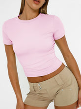 Load image into Gallery viewer, AUTOMET Womens Short Sleeve T Shirts Basic Summer 2025 Workout Tops Crew Neck Gym Crop Tops Trendy Y2K Clothes Light Pink
