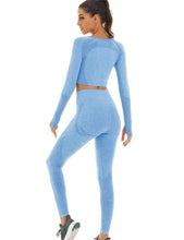 Load image into Gallery viewer, Toplook Women Seamless Workout Outfits Athletic Set Leggings + Long Sleeve Top 2 Pieces(Ligth Blue)
