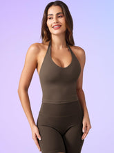 Load image into Gallery viewer, YEOREO Women's Halter Crop Top V Neck Workout Going Out Tank Top Hazel Padded Sleeveless Backless Trendy Summer Camisole Coffee

