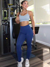 Load image into Gallery viewer, Seamless Workout Sets for Women 2 Piece Adjustable Strappy Sports Bra with High Waisted Butt Lifting Leggings Gym Sets(Our82 Blue/Navy)
