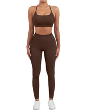 Load image into Gallery viewer, SUUKSESS Women Seamless 2 piece Workout Sets Strappy Padded Sports Bra Booty High Waisted Leggings Outfits (Deep Brown)
