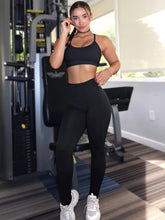Load image into Gallery viewer, Seamless Workout Sets for Women 2 Piece Adjustable Strappy Sports Bra with High Waisted Butt Lifting Leggings Gym Sets(Our82 Black)
