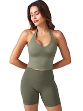 Load image into Gallery viewer, YEOREO Women's Halter Crop Top V Neck Workout Going Out Tank Top Hazel Padded Sleeveless Backless Trendy Summer Camisole Army Green
