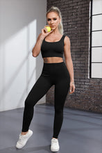 Load image into Gallery viewer, QINSEN Yoga Outfits for Women 2 Piece Set,Ribbed Stretchy Padded Crop Tops GMY Fitted Leggings Black
