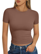 Load image into Gallery viewer, AUTOMET Womens Short Sleeve T Shirts Basic Summer 2025 Workout Tops Crew Neck Gym Crop Tops Trendy Y2K Clothes Coffee
