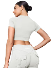 Load image into Gallery viewer, YEOREO Womens Short Sleeve Crop Tops Caliyta Seamless Workout Impact T Shirts Crew Neck Raglan Gym Yoga Tees Slim Fit Feather Rice
