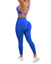 Load image into Gallery viewer, SUUKSESS Women Seamless 2 piece Workout Sets Strappy Padded Sports Bra Booty High Waisted Leggings Outfits (Royal Blue)
