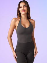 Load image into Gallery viewer, YEOREO Women's Halter Crop Top V Neck Workout Going Out Tank Top Hazel Padded Sleeveless Backless Trendy Summer Camisole Dark Gray
