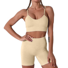 Load image into Gallery viewer, Women Seamless Yoga Set 2 Piece Workout Sport Bra with High Waist Shorts Legging Outfit Tracksuit.JNINTH (Khaki)
