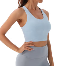 Load image into Gallery viewer, JOYSPELS Sports Bras for Women Extra Comfort Criss-Cross Back Padded Workout Tops for Women Medium Support Light Blue

