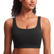 Load image into Gallery viewer, CRZ YOGA Butterluxe Womens U Back Sports Bra - Scoop Neck Padded Low Impact Yoga Clothes Workout Crop Top with Built in Pads Black
