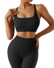Load image into Gallery viewer, RXRXCOCO Ribbed Workout Sets for Women 2 Piece Backless Strappy Sports Bra Seamless Leggings Matching Set Yoga Outfits Black

