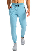 Load image into Gallery viewer, Pudolla Men's Lightweight Tapered Jogger Pants with Zip Pockets – Quick-Dry Athletic Running Joggers in Light Blue
