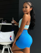 Load image into Gallery viewer, FRESOUGHT 2 Piece Workout Sets for Women Ribbed Yoga Outfits Seamless Gym High Waisetd Biker Shorts Set Blue
