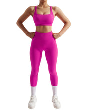 Load image into Gallery viewer, RXRXCOCO Ribbed Workout Sets for Women 2 Piece Backless Strappy Sports Bra Seamless Leggings Matching Set Yoga Outfits Pink
