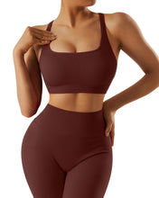 Load image into Gallery viewer, RXRXCOCO Ribbed Workout Sets for Women 2 Piece Backless Strappy Sports Bra Seamless Leggings Matching Set Yoga Outfits Coffee
