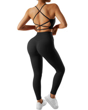 Load image into Gallery viewer, RXRXCOCO Ribbed Workout Sets for Women 2 Piece Backless Strappy Sports Bra Seamless Leggings Matching Set Yoga Outfits Black
