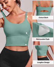 Load image into Gallery viewer, Everrysea Longline Sports Bra for Women Padded Workout Tank Tops Built in Bras Strappy Yoga Corp Top Camisole Blue Green
