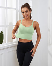 Load image into Gallery viewer, Everrysea Longline Sports Bra for Women Padded Workout Tank Tops Built in Bras Strappy Yoga Corp Top Camisole Light Green
