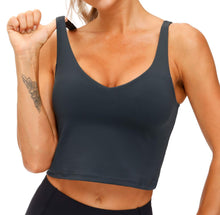 Load image into Gallery viewer, Women’s Longline Sports Bra Wirefree Padded Medium Support Yoga Bras Gym Running Workout Tank Tops (Charcoal Grey)
