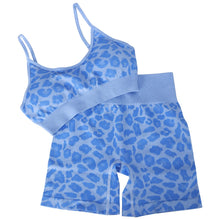 Load image into Gallery viewer, Women Seamless Yoga Set 2 Piece Workout Sport Bra with High Waist Shorts Legging Outfit Tracksuit.JNINTH (Leopard Blue)
