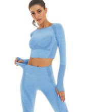 Load image into Gallery viewer, Toplook Women Seamless Workout Outfits Athletic Set Leggings + Long Sleeve Top 2 Pieces(Ligth Blue)
