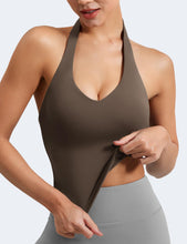 Load image into Gallery viewer, YEOREO Women's Halter Crop Top V Neck Workout Going Out Tank Top Hazel Padded Sleeveless Backless Trendy Summer Camisole Coffee
