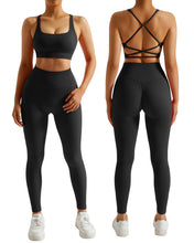 Load image into Gallery viewer, RXRXCOCO Ribbed Workout Sets for Women 2 Piece Backless Strappy Sports Bra Seamless Leggings Matching Set Yoga Outfits Black
