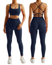 Load image into Gallery viewer, RXRXCOCO Ribbed Workout Sets for Women 2 Piece Backless Strappy Sports Bra Seamless Leggings Matching Set Yoga Outfits Navy
