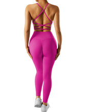 Load image into Gallery viewer, RXRXCOCO Ribbed Workout Sets for Women 2 Piece Backless Strappy Sports Bra Seamless Leggings Matching Set Yoga Outfits Pink
