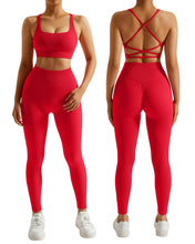 Load image into Gallery viewer, RXRXCOCO Ribbed Workout Sets for Women 2 Piece Backless Strappy Sports Bra Seamless Leggings Matching Set Yoga Outfits Red
