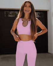Load image into Gallery viewer, QINSEN Workout Outfits for Women 2 Piece Ribbed Seamless Crop Tank High Waist Yoga Leggings Sets (Dusty Pink)
