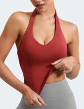 Load image into Gallery viewer, YEOREO Women's Halter Crop Top V Neck Workout Going Out Tank Top Hazel Padded Sleeveless Backless Trendy Summer Camisole Maroon Red
