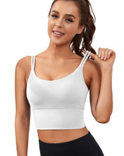 Load image into Gallery viewer, Everrysea Longline Sports Bra for Women Padded Workout Tank Tops Built in Bras Strappy Yoga Corp Top Camisole White

