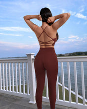 Load image into Gallery viewer, RXRXCOCO Ribbed Workout Sets for Women 2 Piece Backless Strappy Sports Bra Seamless Leggings Matching Set Yoga Outfits Coffee

