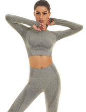 Load image into Gallery viewer, Toplook Women Seamless Workout Outfits Athletic Set Leggings + Long Sleeve Top 2 Pieces(Green Gray)
