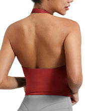 Load image into Gallery viewer, YEOREO Women's Halter Crop Top V Neck Workout Going Out Tank Top Hazel Padded Sleeveless Backless Trendy Summer Camisole Maroon Red
