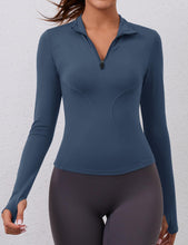 Load image into Gallery viewer, Womens Workout Tops Long Sleeve Slim Crop Top 1/4 Quarter Zip Pullover Yoga Athletic Golf Shirt(Grey Blue)
