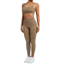Load image into Gallery viewer, SUUKSESS Women Seamless 2 piece Workout Sets Strappy Padded Sports Bra Booty High Waisted Leggings Outfits (Dark Coffee)
