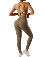 Load image into Gallery viewer, RXRXCOCO Ribbed Workout Sets for Women 2 Piece Backless Strappy Sports Bra Seamless Leggings Matching Set Yoga Outfits Brown
