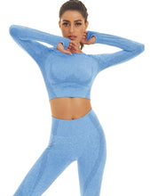 Load image into Gallery viewer, Toplook Women Seamless Workout Outfits Athletic Set Leggings + Long Sleeve Top 2 Pieces(Ligth Blue)
