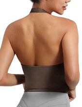 Load image into Gallery viewer, YEOREO Women's Halter Crop Top V Neck Workout Going Out Tank Top Hazel Padded Sleeveless Backless Trendy Summer Camisole Coffee
