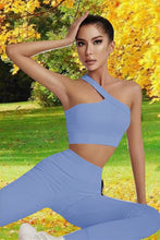 Load image into Gallery viewer, Workout Sets for Women, Two Piece Sexy One Shoulder Matching Crop Tank Top Set,Cut Ribbed Seamless High Waist Shorts (Light Sky Blue)
