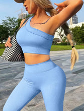 Load image into Gallery viewer, Workout Sets for Women, Two Piece Sexy One Shoulder Matching Crop Tank Top Set,Cut Ribbed Seamless High Waist Shorts (Light Sky Blue)
