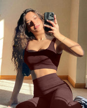 Load image into Gallery viewer, QINSEN High Waisted Leggings for Women GMY Workout Sport Bra Tops 2 Piece Outfits Coffee

