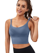 Load image into Gallery viewer, Everrysea Longline Sports Bra for Women Padded Workout Tank Tops Built in Bras Strappy Yoga Corp Top Camisole Blue
